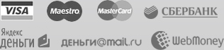 VISA, Maestro, MasterCard, СБЕРБАНК, Яндекс Деньги, деньги@mail.ru, WebMoney